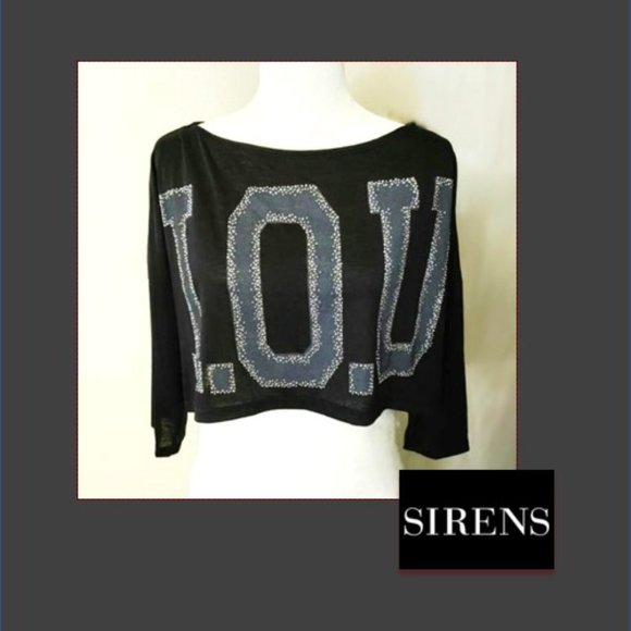 SIRENS Black Crop Tee Top w/ Grey IOU Letters Round Neck Drop Shoulder Sleeved - Picture 5 of 11